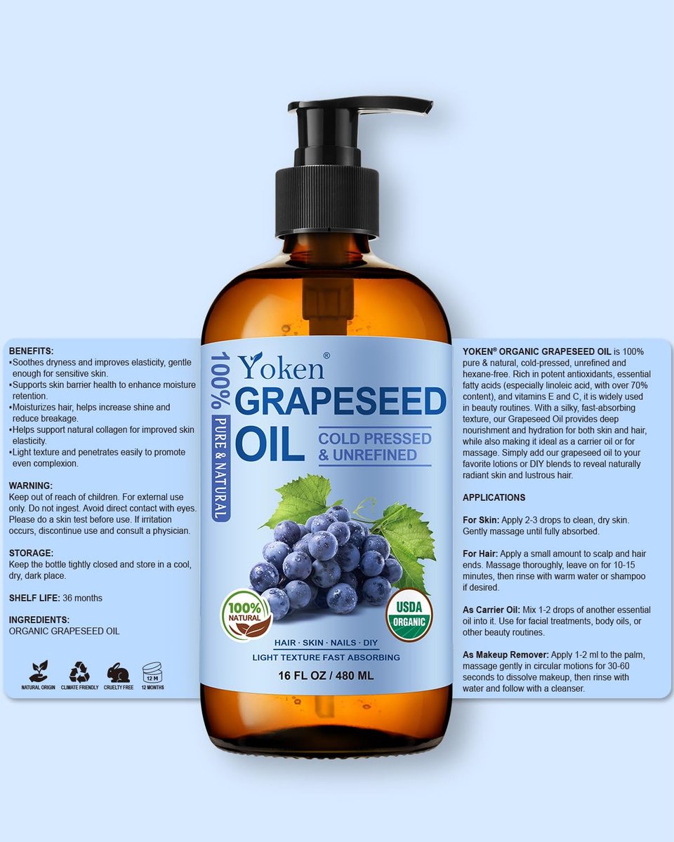 Yoken Organic Grapeseed Oil 16 oz Glass Bottle - USDA 100% Pure & Natural Cold Pressed Grape Seed Carrier Oil for Skin & Hair, Hexane Free, Light & Silky Body Moisturizer Avelisse