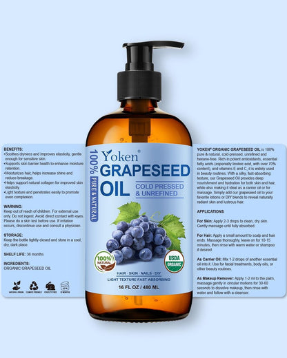 Yoken Organic Grapeseed Oil 16 oz Glass Bottle - USDA 100% Pure & Natural Cold Pressed Grape Seed Carrier Oil for Skin & Hair, Hexane Free, Light & Silky Body Moisturizer Avelisse