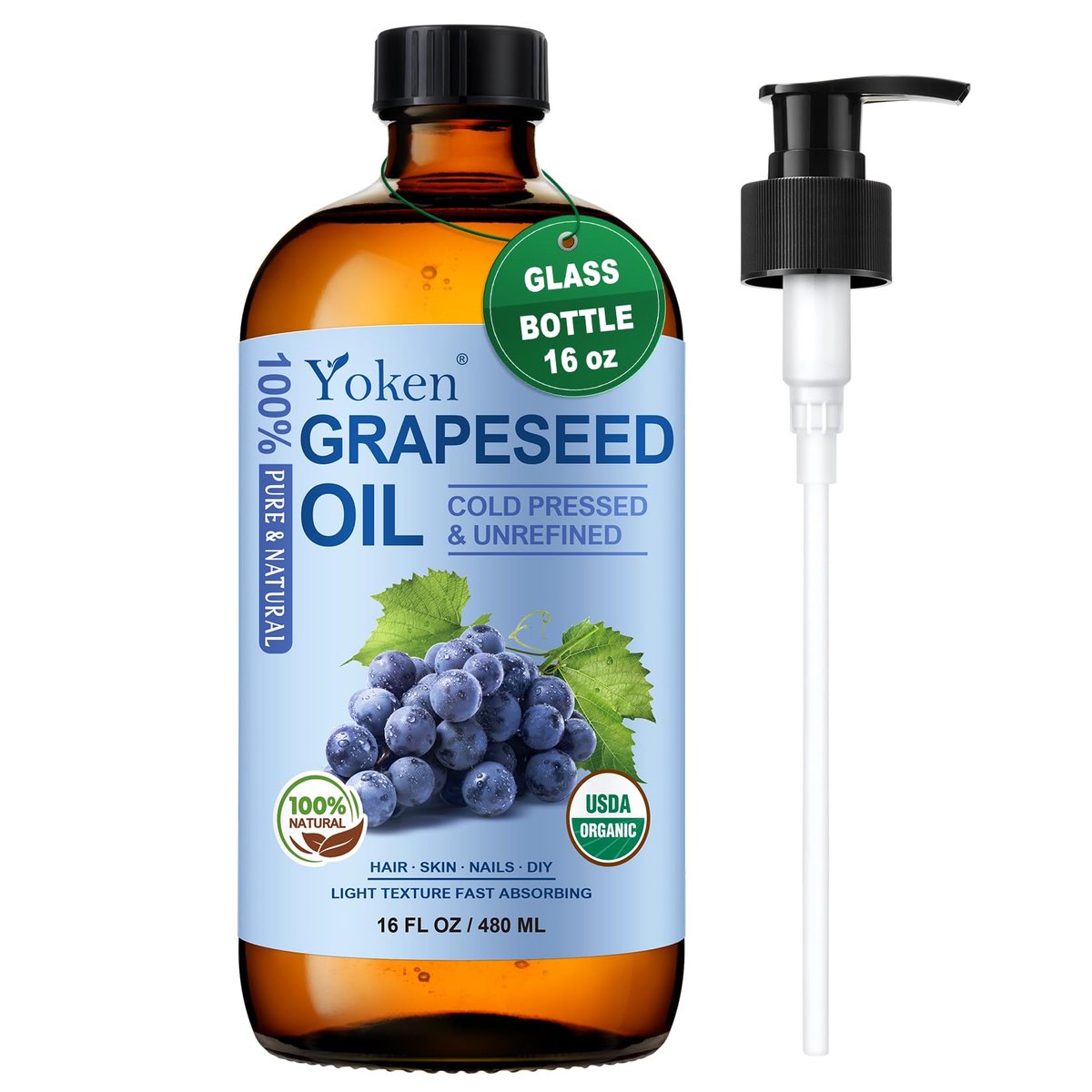 Yoken Organic Grapeseed Oil 16 oz Glass Bottle - USDA 100% Pure & Natural Cold Pressed Grape Seed Carrier Oil for Skin & Hair, Hexane Free, Light & Silky Body Moisturizer Avelisse
