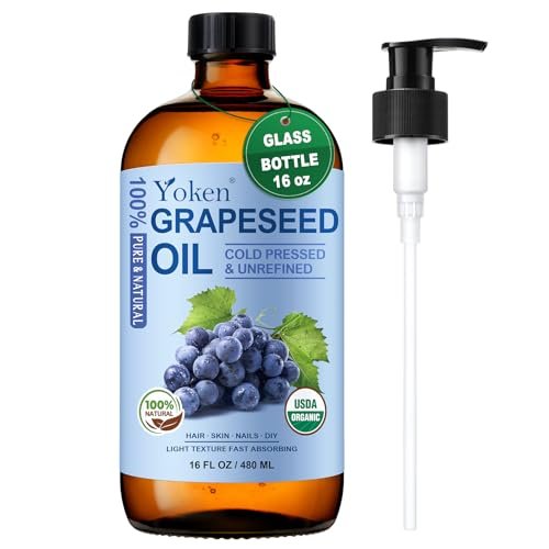 Yoken Organic Grapeseed Oil 16 oz Glass Bottle - USDA 100% Pure & Natural Cold Pressed Grape Seed Carrier Oil for Skin & Hair, Hexane Free, Light & Silky Body Moisturizer Avelisse