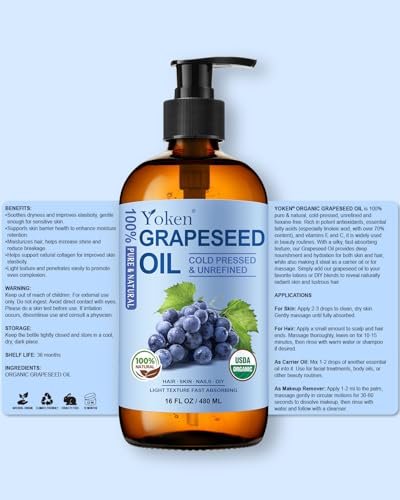 Yoken Organic Grapeseed Oil 16 oz Glass Bottle - USDA 100% Pure & Natural Cold Pressed Grape Seed Carrier Oil for Skin & Hair, Hexane Free, Light & Silky Body Moisturizer Avelisse
