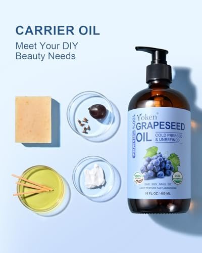 Yoken Organic Grapeseed Oil 16 oz Glass Bottle - USDA 100% Pure & Natural Cold Pressed Grape Seed Carrier Oil for Skin & Hair, Hexane Free, Light & Silky Body Moisturizer Avelisse