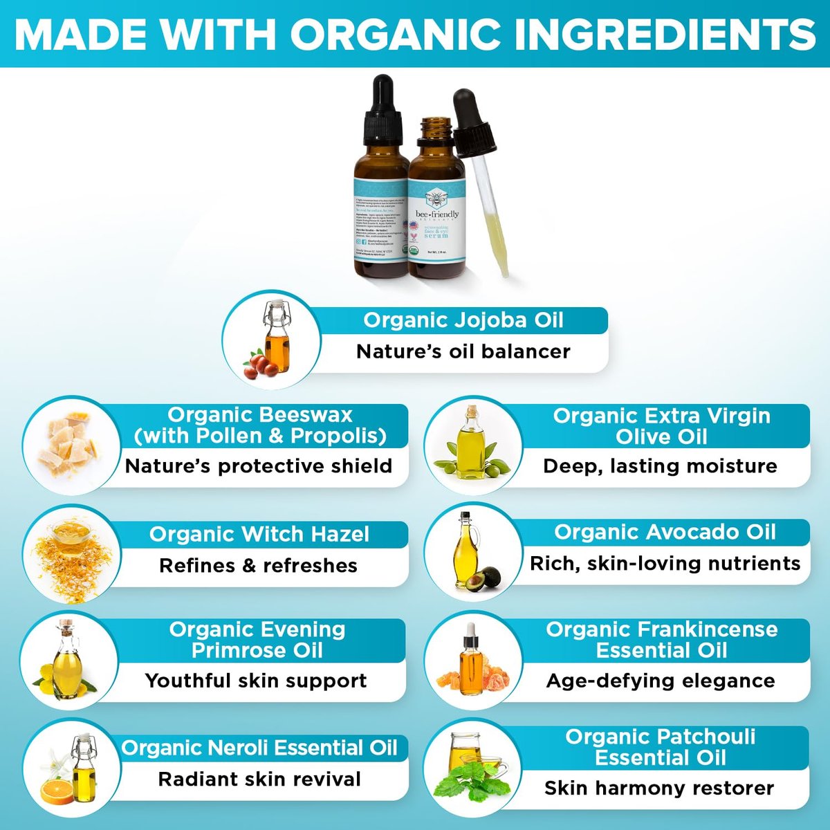 Organic Face & Eye Serum by BeeFriendly – Deep Hydration, Nourishes, Tightens, Firms, and Lifts Facial Skin – USDA Certified & All Natural Serum for Women or Men, 1 oz Avelisse