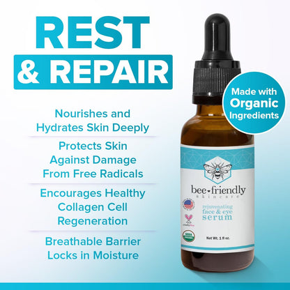 Organic Face & Eye Serum by BeeFriendly – Deep Hydration, Nourishes, Tightens, Firms, and Lifts Facial Skin – USDA Certified & All Natural Serum for Women or Men, 1 oz Avelisse