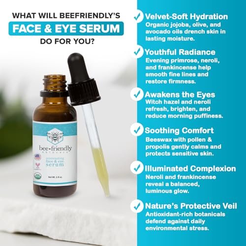 Organic Face & Eye Serum by BeeFriendly – Deep Hydration, Nourishes, Tightens, Firms, and Lifts Facial Skin – USDA Certified & All Natural Serum for Women or Men, 1 oz Avelisse