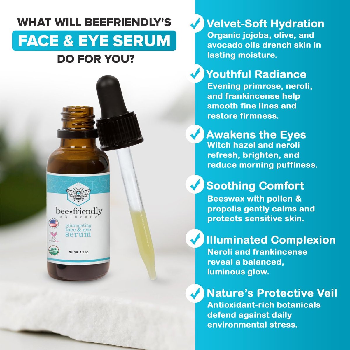 Organic Face & Eye Serum by BeeFriendly – Deep Hydration, Nourishes, Tightens, Firms, and Lifts Facial Skin – USDA Certified & All Natural Serum for Women or Men, 1 oz Avelisse