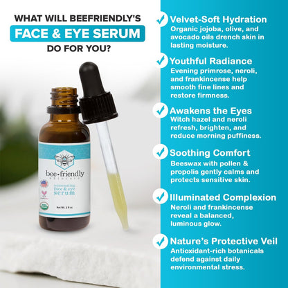 Organic Face & Eye Serum by BeeFriendly – Deep Hydration, Nourishes, Tightens, Firms, and Lifts Facial Skin – USDA Certified & All Natural Serum for Women or Men, 1 oz Avelisse