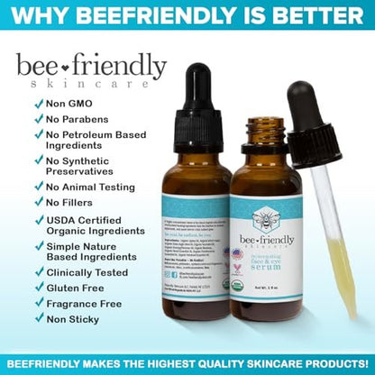Organic Face & Eye Serum by BeeFriendly – Deep Hydration, Nourishes, Tightens, Firms, and Lifts Facial Skin – USDA Certified & All Natural Serum for Women or Men, 1 oz Avelisse