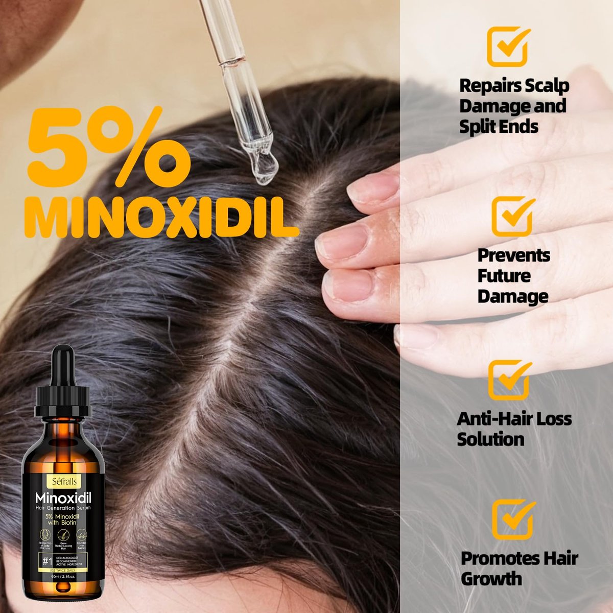 5% Minoxidil Hair Growth Serum for Men and Women - Biotin Hair Serum, Safe Hair Regrowth Treatment, Prevent Scalp Hair Loss, 60ml / 2.11 fl.oz - görsel 6