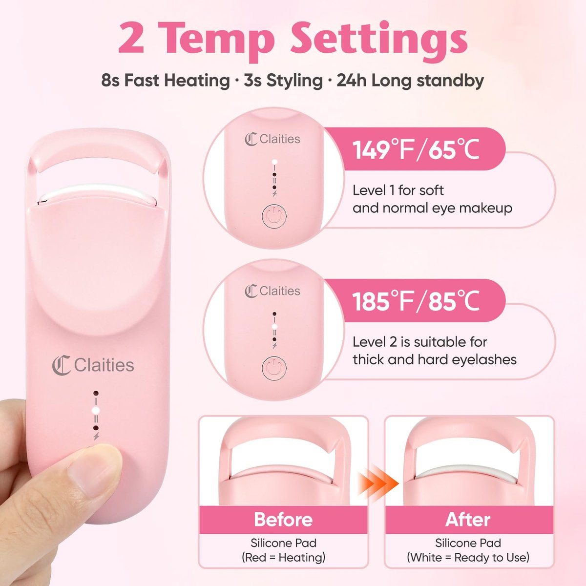 Heated Eyelash Curler - 10s Heat, 3s Curl, Mini Burn-Proof Design with Heat Sensitive Silicone Pad, 24H Hold Dual-Temp Control & Type-C Recharge - görsel 9