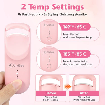 Heated Eyelash Curler - 10s Heat, 3s Curl, Mini Burn-Proof Design with Heat Sensitive Silicone Pad, 24H Hold Dual-Temp Control & Type-C Recharge