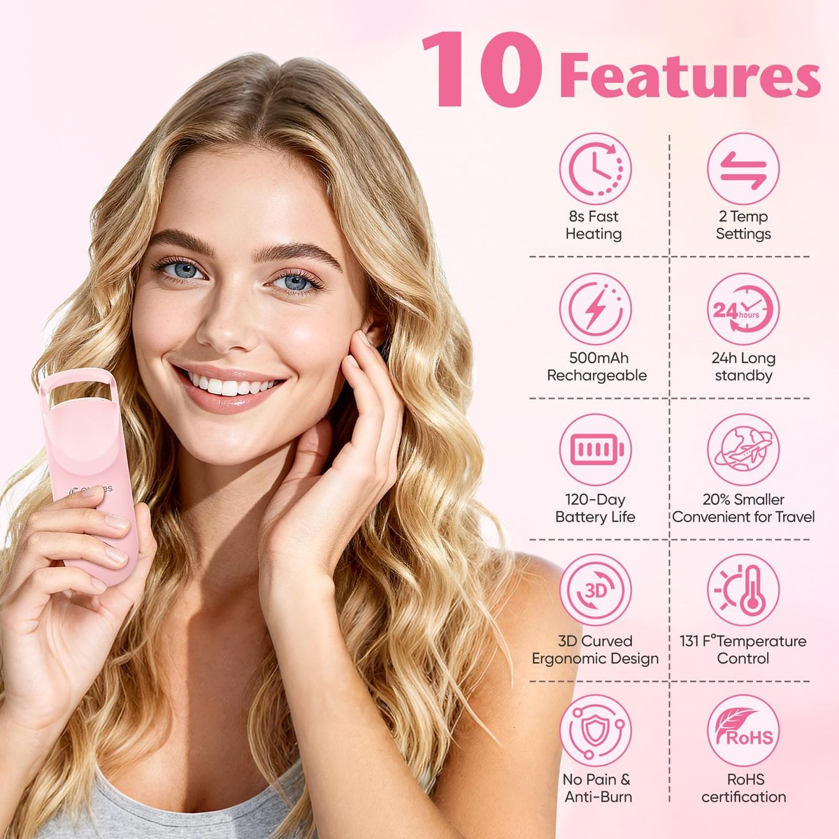 Heated Eyelash Curler - 10s Heat, 3s Curl, Mini Burn-Proof Design with Heat Sensitive Silicone Pad, 24H Hold Dual-Temp Control & Type-C Recharge - görsel 3