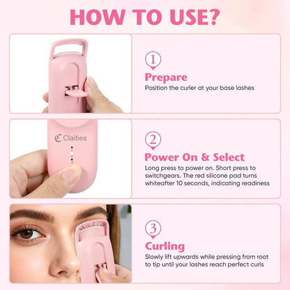 Heated Eyelash Curler - 10s Heat, 3s Curl, Mini Burn-Proof Design with Heat Sensitive Silicone Pad, 24H Hold Dual-Temp Control & Type-C Recharge