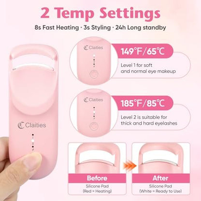 Heated Eyelash Curler - 10s Heat, 3s Curl, Mini Burn-Proof Design with Heat Sensitive Silicone Pad, 24H Hold Dual-Temp Control & Type-C Recharge