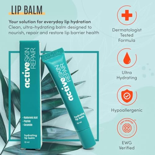 Active Skin Repair Hydrating Lip Balm for Dry Lips, EWG Certified Long-Lasting Moisturizing Lip Balm with Hyaluronic Acid, Peptides, and Ceramides, 10 ml Avelisse