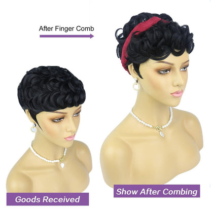 Nigteye Short Pixie Wigs for Black Women - Natural Black Curly Pixie Cut Wig Synthetic Hair
