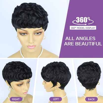 Nigteye Short Pixie Wigs for Black Women - Natural Black Curly Pixie Cut Wig Synthetic Hair
