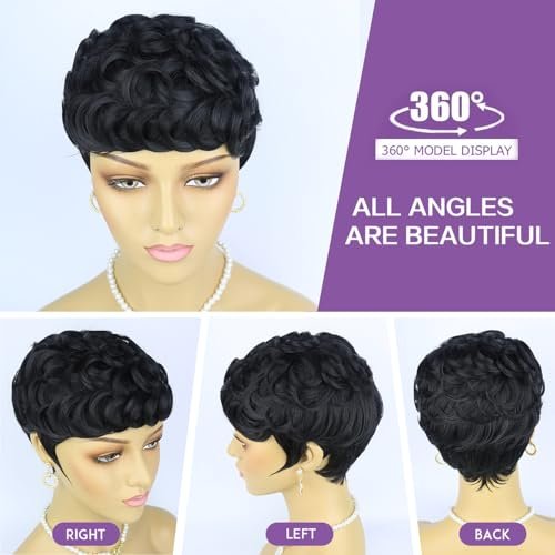 Nigteye Short Pixie Wigs for Black Women - Natural Black Curly Pixie Cut Wig Synthetic Hair - görsel 10