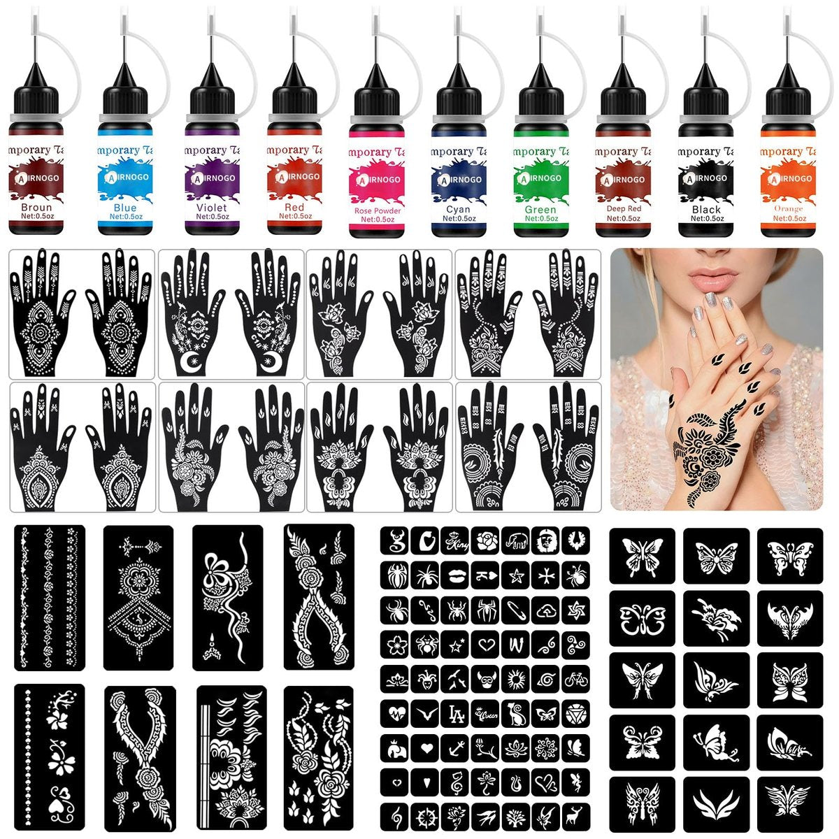 10-Color Temporary Tattoo Kit with 86 Stencils for Kids, Adults & Beginners - Body Art Painting Party Fun Avelisse