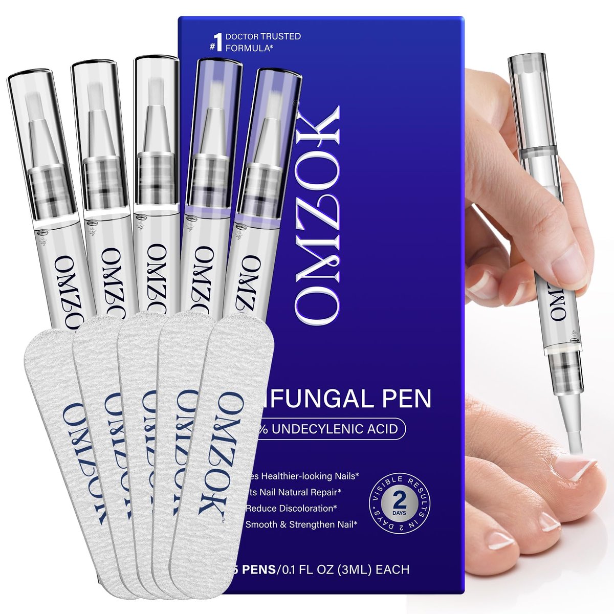 OMZOK Toenail Fungus Pen - 25% Undecylenic Acid & Tea Tree Oil Extra Strength Treatment for Damaged Nails - 5 Pens Avelisse