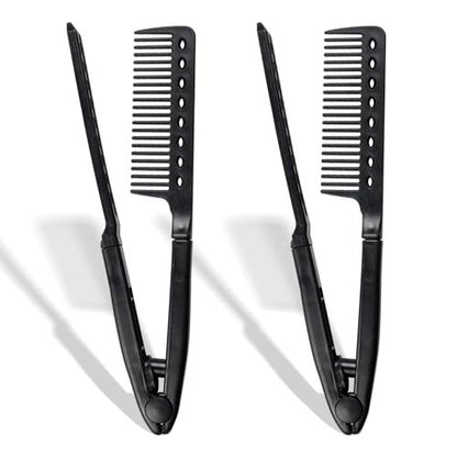 Heat-Safe V-Shaped Hair Straightening Comb – Tangle-Free Styling Tool for Flat Irons & Curling Wands, Travel-Ready, 2-Pack (Black, Plastic)