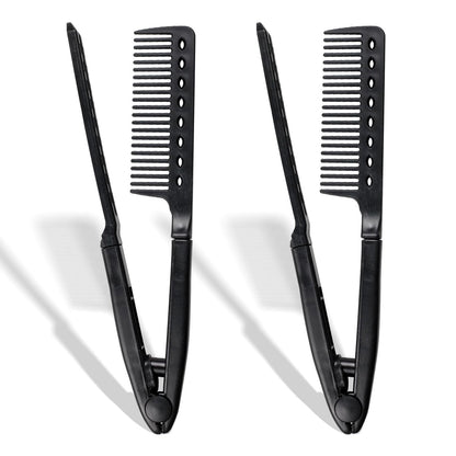 Heat-Safe V-Shaped Hair Straightening Comb – Tangle-Free Styling Tool for Flat Irons & Curling Wands, Travel-Ready, 2-Pack (Black, Plastic)
