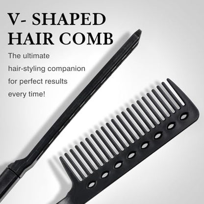 Heat-Safe V-Shaped Hair Straightening Comb – Tangle-Free Styling Tool for Flat Irons & Curling Wands, Travel-Ready, 2-Pack (Black, Plastic)