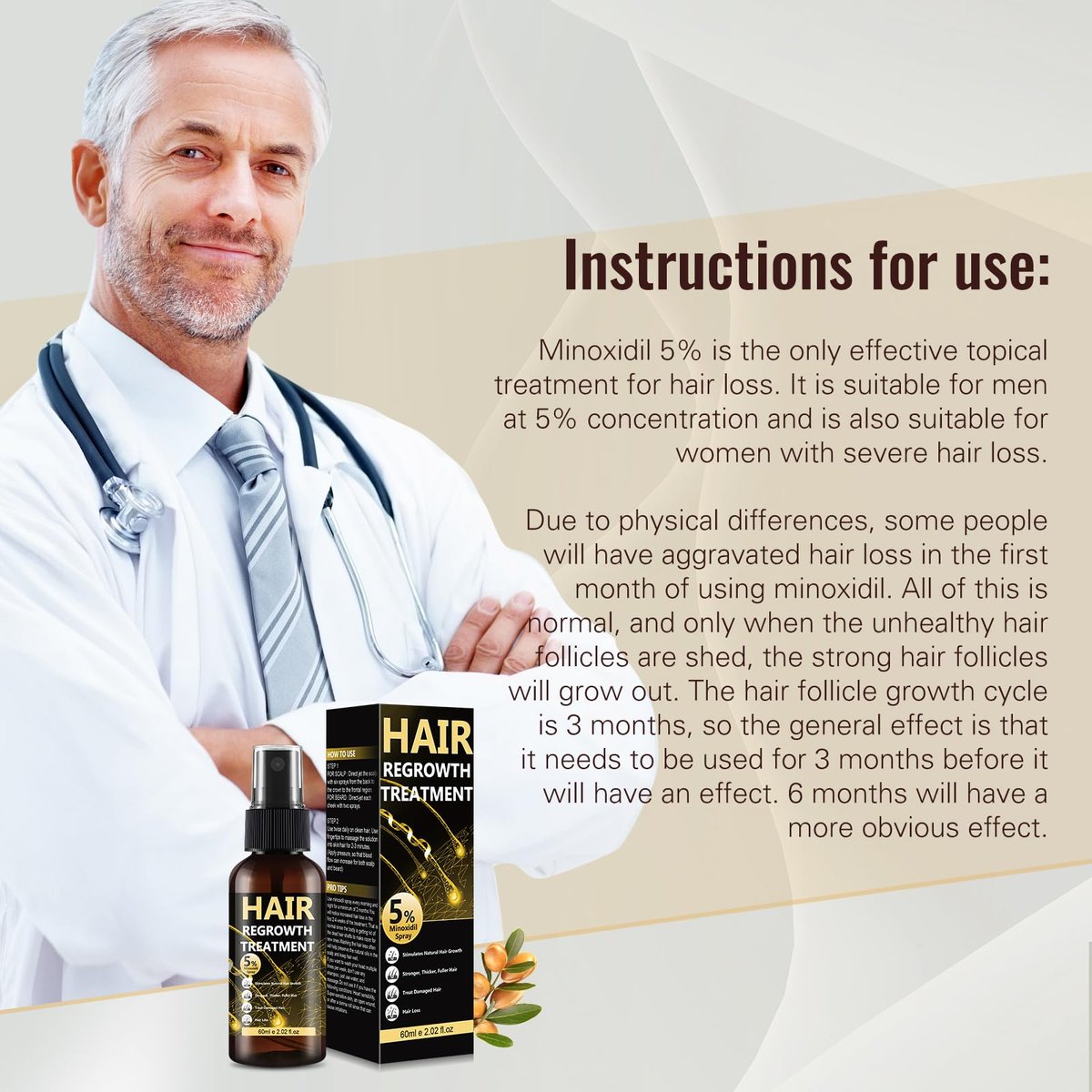 5% Minoxidil Hair Regrowth Spray for Men & Women – Advanced Formula for Thinning Hair and Beard Growth (3-Pack, 2.04 Fl Oz Each) Avelisse
