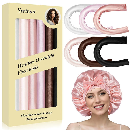 Heatless Curls Overnight Rods - 6 Pcs No-Heat Blowout Hair Curler Set, Satin Hair Rollers for Long Hair with Sleeping Bonnet