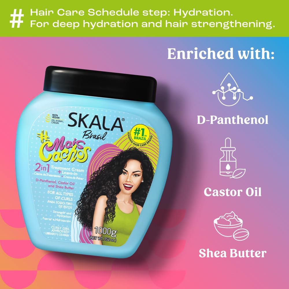 SKALA Mais Cachos Hydrates Curls 2-in-1 Conditioning Treatment Cream & Cream to Comb for Curly Hair, Eliminates Frizz (35.2 oz, Pack of 3) Avelisse