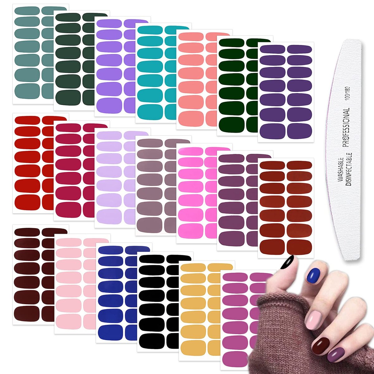 WOKOTO 20 Sheets Solid Color Nail Polish Strips - Self-Adhesive Nail Wraps, Full Nail Stickers for Women, Multi-Color Gel Strips Set with Nail File - görsel 1