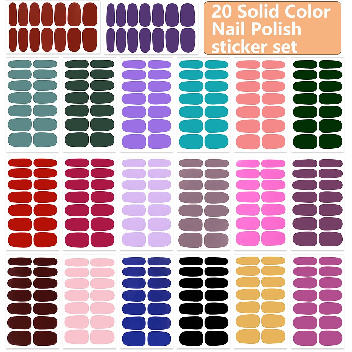 WOKOTO 20 Sheets Solid Color Nail Polish Strips - Self-Adhesive Nail Wraps, Full Nail Stickers for Women, Multi-Color Gel Strips Set with Nail File - görsel 3