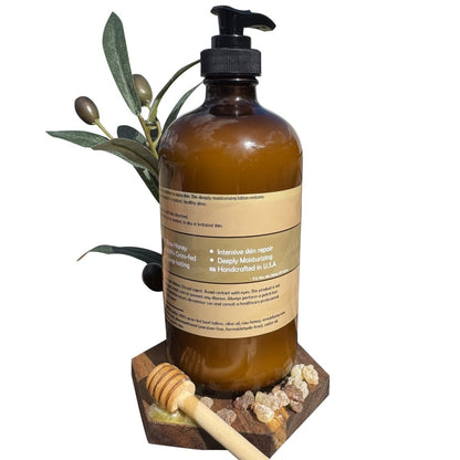 100% Grass-Fed Tallow & Raw Honey Body & Face Lotion with Olive Oil & Frankincense + Myrrh Infused Castor Oil – 16 oz Avelisse