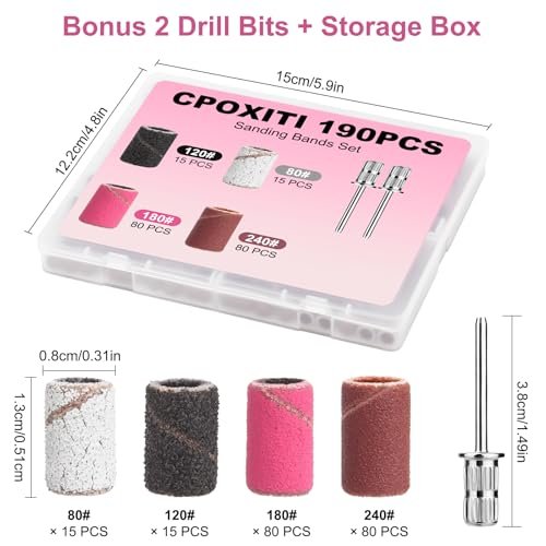 CPOXITI 190 Pcs Sanding Bands for Nail Drill, 2 Nail Drill Bits, 80/120/180/240 Grits for Acrylic Gel Manicures Pedicures - görsel 6