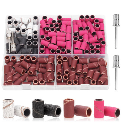 CPOXITI 190 Pcs Sanding Bands for Nail Drill, 2 Nail Drill Bits, 80/120/180/240 Grits for Acrylic Gel Manicures Pedicures