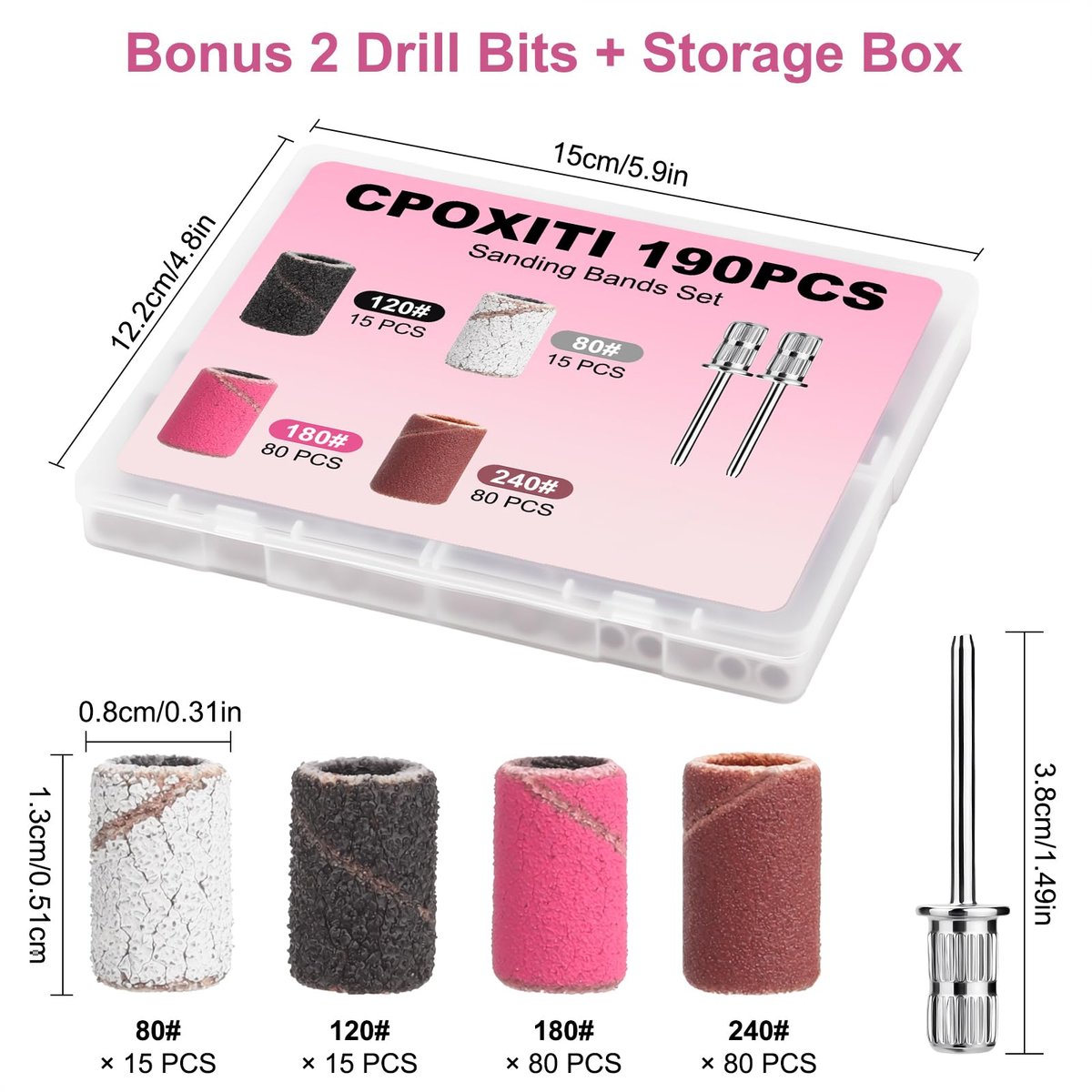 CPOXITI 190 Pcs Sanding Bands for Nail Drill, 2 Nail Drill Bits, 80/120/180/240 Grits for Acrylic Gel Manicures Pedicures - görsel 5