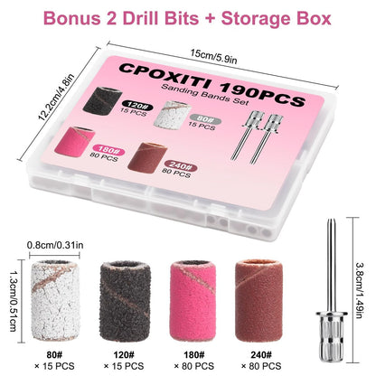 CPOXITI 190 Pcs Sanding Bands for Nail Drill, 2 Nail Drill Bits, 80/120/180/240 Grits for Acrylic Gel Manicures Pedicures