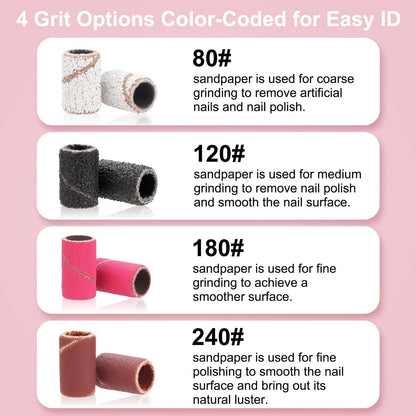 CPOXITI 190 Pcs Sanding Bands for Nail Drill, 2 Nail Drill Bits, 80/120/180/240 Grits for Acrylic Gel Manicures Pedicures