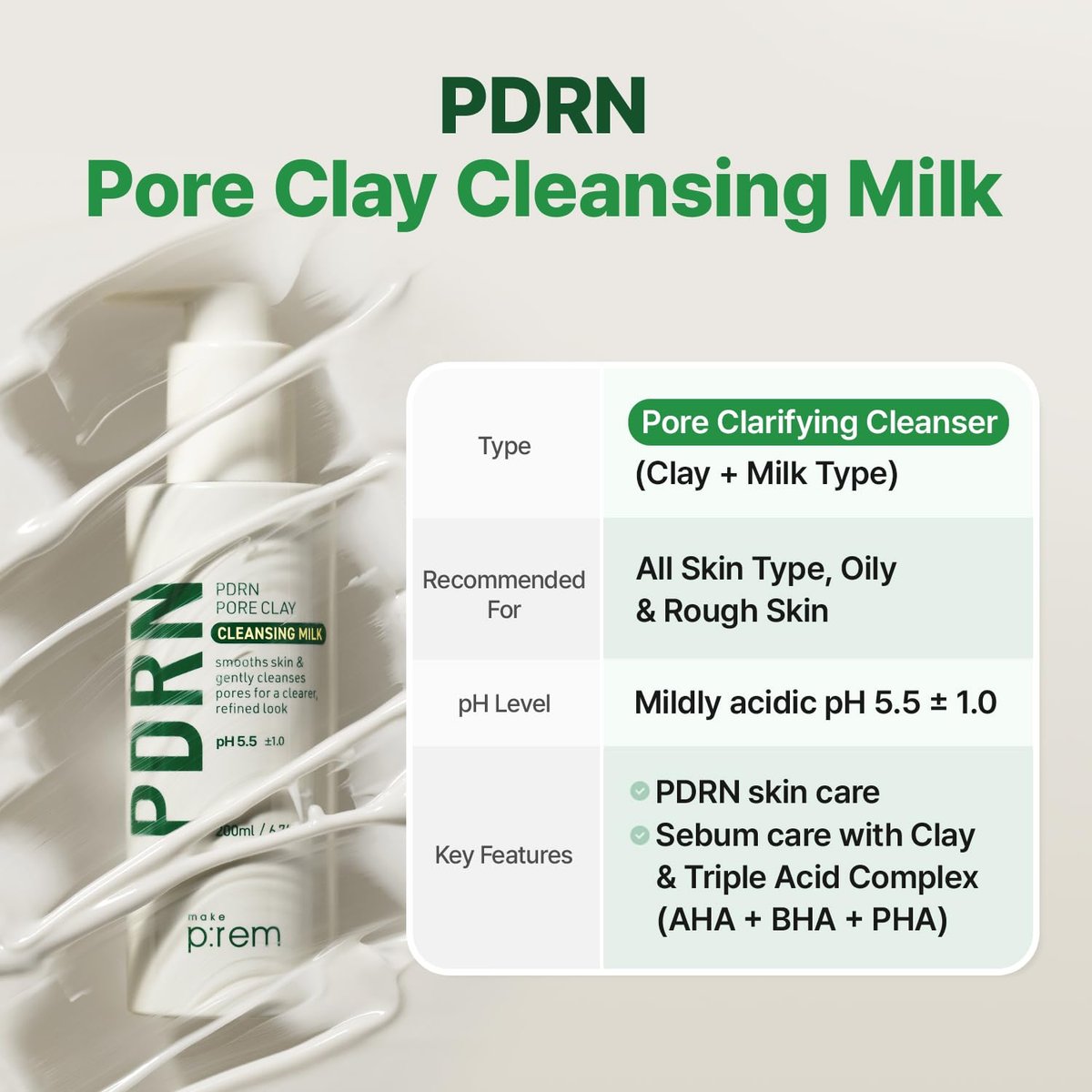 MAKE P:REM PDRN Pore Clay Cleansing Milk – Hydrating Gentle Face Wash for Sensitive Skin, Korean Milky Cleanser, 6.76 fl.oz. (200ml) - görsel 3