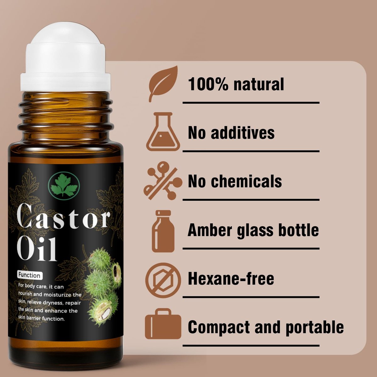 Organic Castor Oil Roll On – 100% Pure & Cold Pressed for Hair Growth, Eyelashes, Skin Moisturizer, Hexane Free, Glass Bottle, 1 fl oz - görsel 11