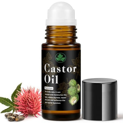 Organic Castor Oil Roll On – 100% Pure & Cold Pressed for Hair Growth, Eyelashes, Skin Moisturizer, Hexane Free, Glass Bottle, 1 fl oz