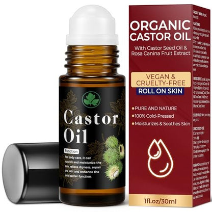 Organic Castor Oil Roll On – 100% Pure & Cold Pressed for Hair Growth, Eyelashes, Skin Moisturizer, Hexane Free, Glass Bottle, 1 fl oz