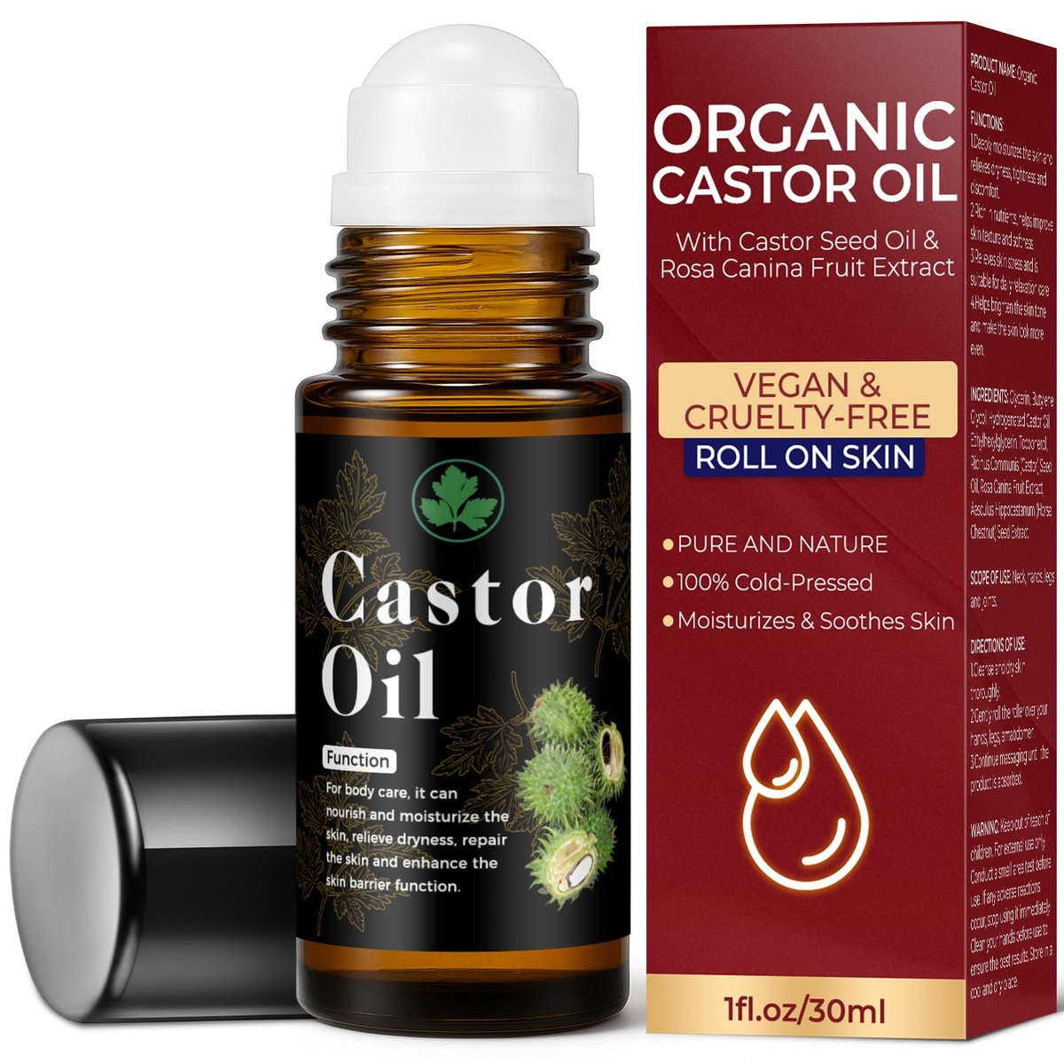 Organic Castor Oil Roll On – 100% Pure & Cold Pressed for Hair Growth, Eyelashes, Skin Moisturizer, Hexane Free, Glass Bottle, 1 fl oz - görsel 1