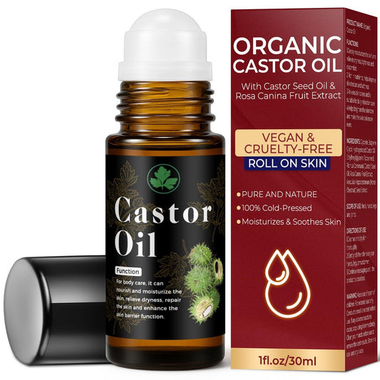 Organic Castor Oil Roll On – 100% Pure & Cold Pressed for Hair Growth, Eyelashes, Skin Moisturizer, Hexane Free, Glass Bottle, 1 fl oz