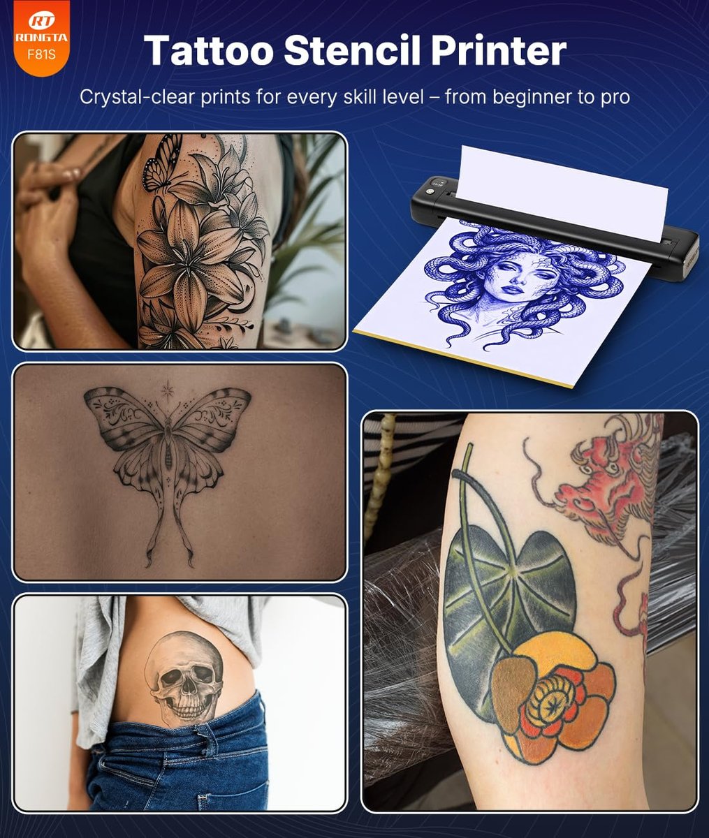 Rongta Tattoo Stencil Printer - Wireless Bluetooth/USB Tattoo Machine for Professionals and Beginners, Black Avelisse