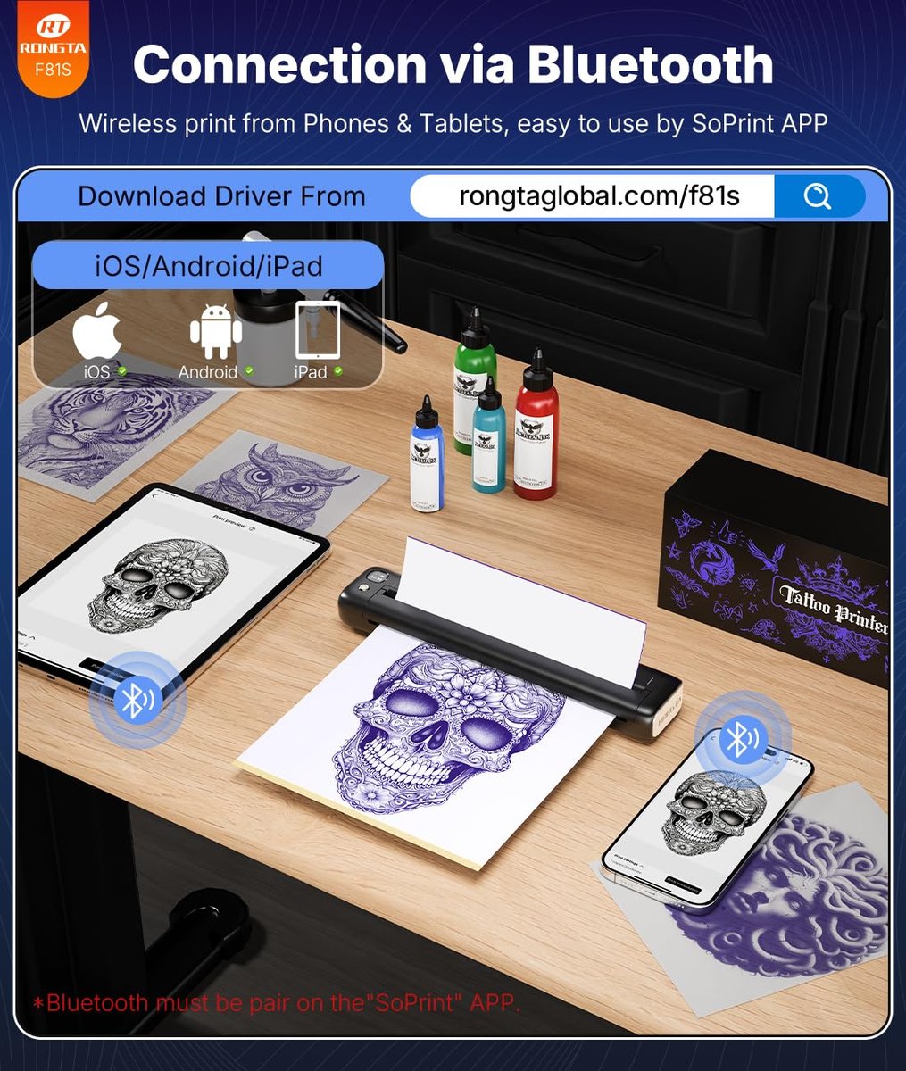 Rongta Tattoo Stencil Printer - Wireless Bluetooth/USB Tattoo Machine for Professionals and Beginners, Black Avelisse