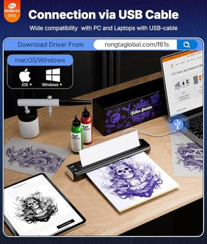 Rongta Tattoo Stencil Printer - Wireless Bluetooth/USB Tattoo Machine for Professionals and Beginners, Black Avelisse
