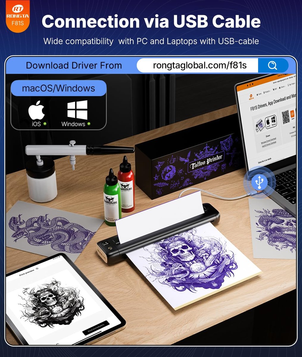 Rongta Tattoo Stencil Printer - Wireless Bluetooth/USB Tattoo Machine for Professionals and Beginners, Black Avelisse