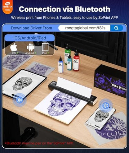 Rongta Tattoo Stencil Printer - Wireless Bluetooth/USB Tattoo Machine for Professionals and Beginners, Black Avelisse