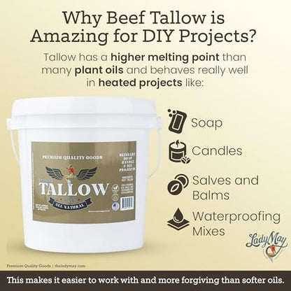 Bulk Grass-Fed Beef Tallow for Soap, Skincare & Candles – 16 lbs Unscented Maker-Proven Quality (2 lb Packs) Avelisse